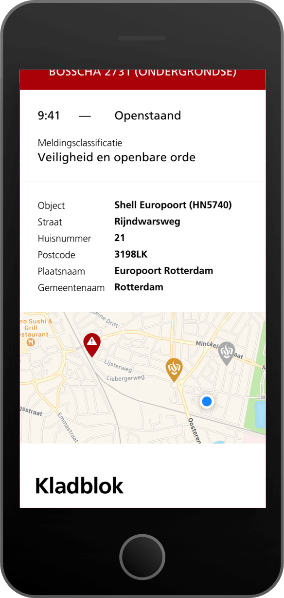 Alle details van een incident bij elkaar. Van lokatie- en gebouwgegevens tot kladblokregels (voor bevoegden), voertuig-informatie, meldingen en nog veel meer.